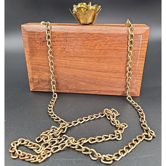 Handmade Handbags - Handcrafted Wooden Clutch Bag Purse Natural Wood Gold Tone Cross Body Floral